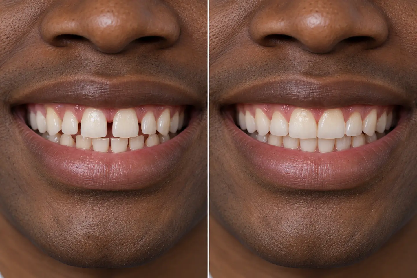 Exemplo ilustrativo de espaços entre os dentes antes e depois do alinhamento ortodôntico