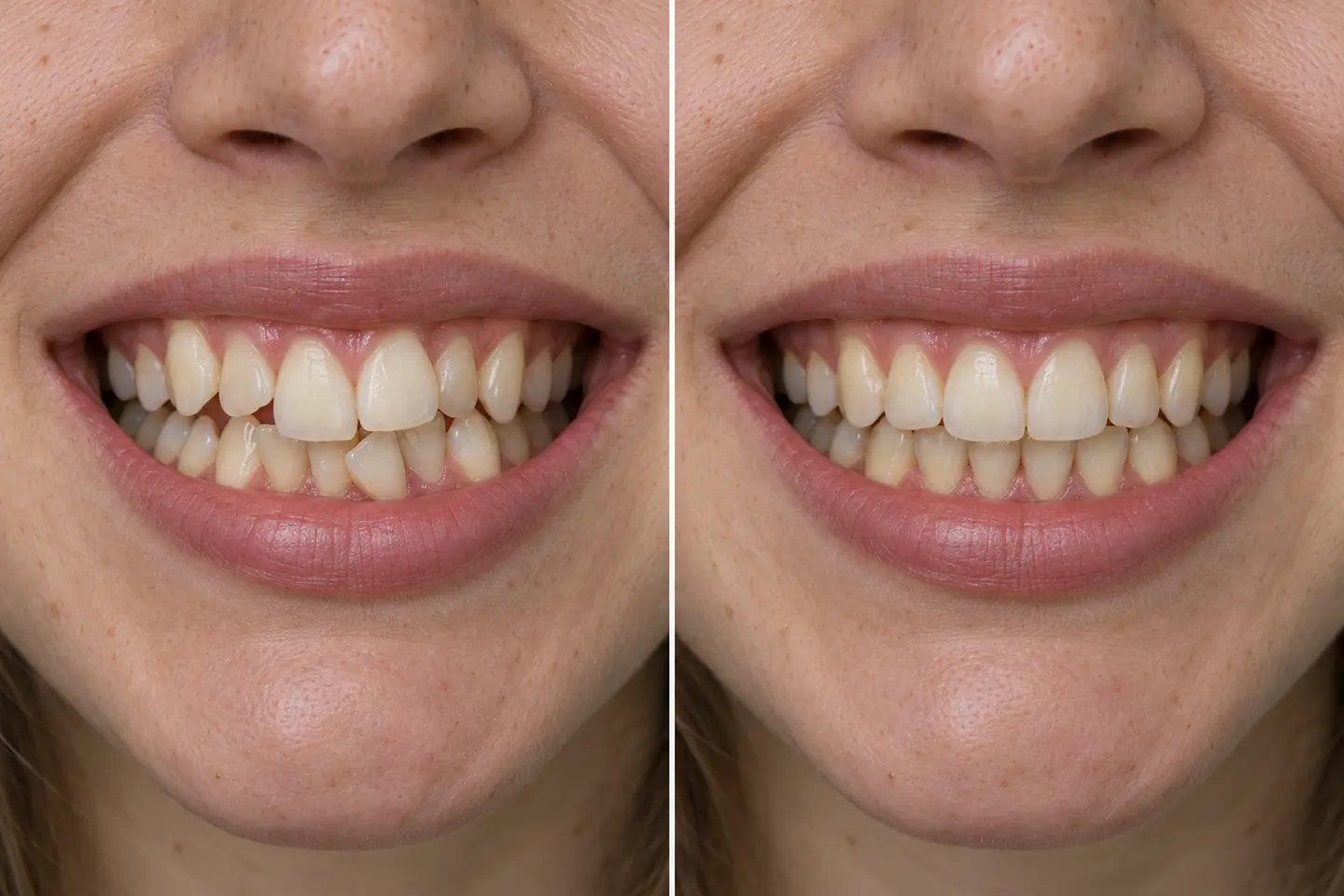 Exemplo ilustrativo de dentes apinhados antes e depois do alinhamento ortodôntico