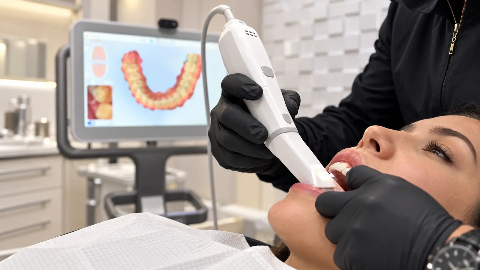 Scanner intraoral e modelo tridimensional ilustrando o planejamento digital Invisalign