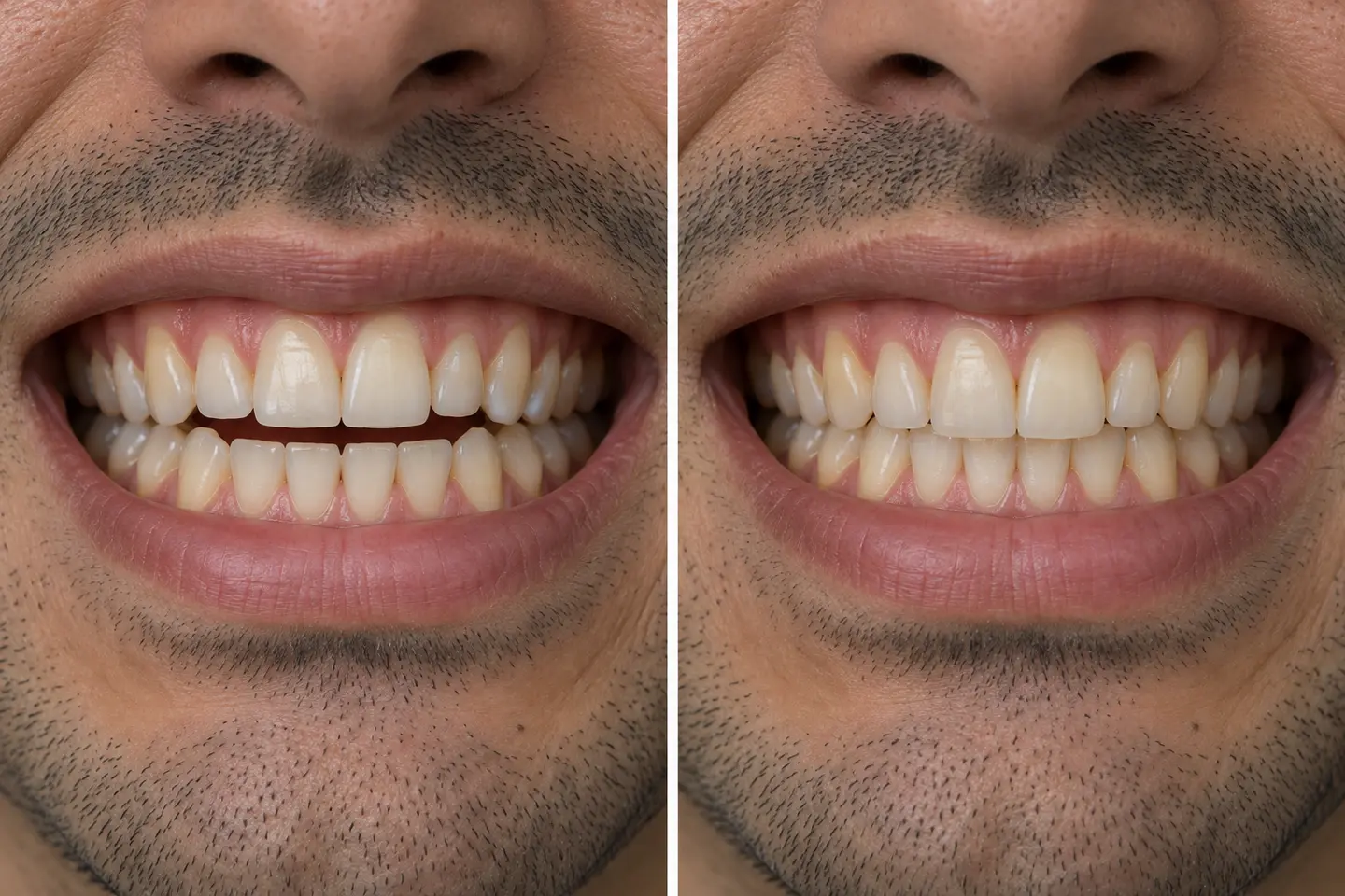Exemplo ilustrativo de mordida aberta antes e depois do alinhamento ortodôntico